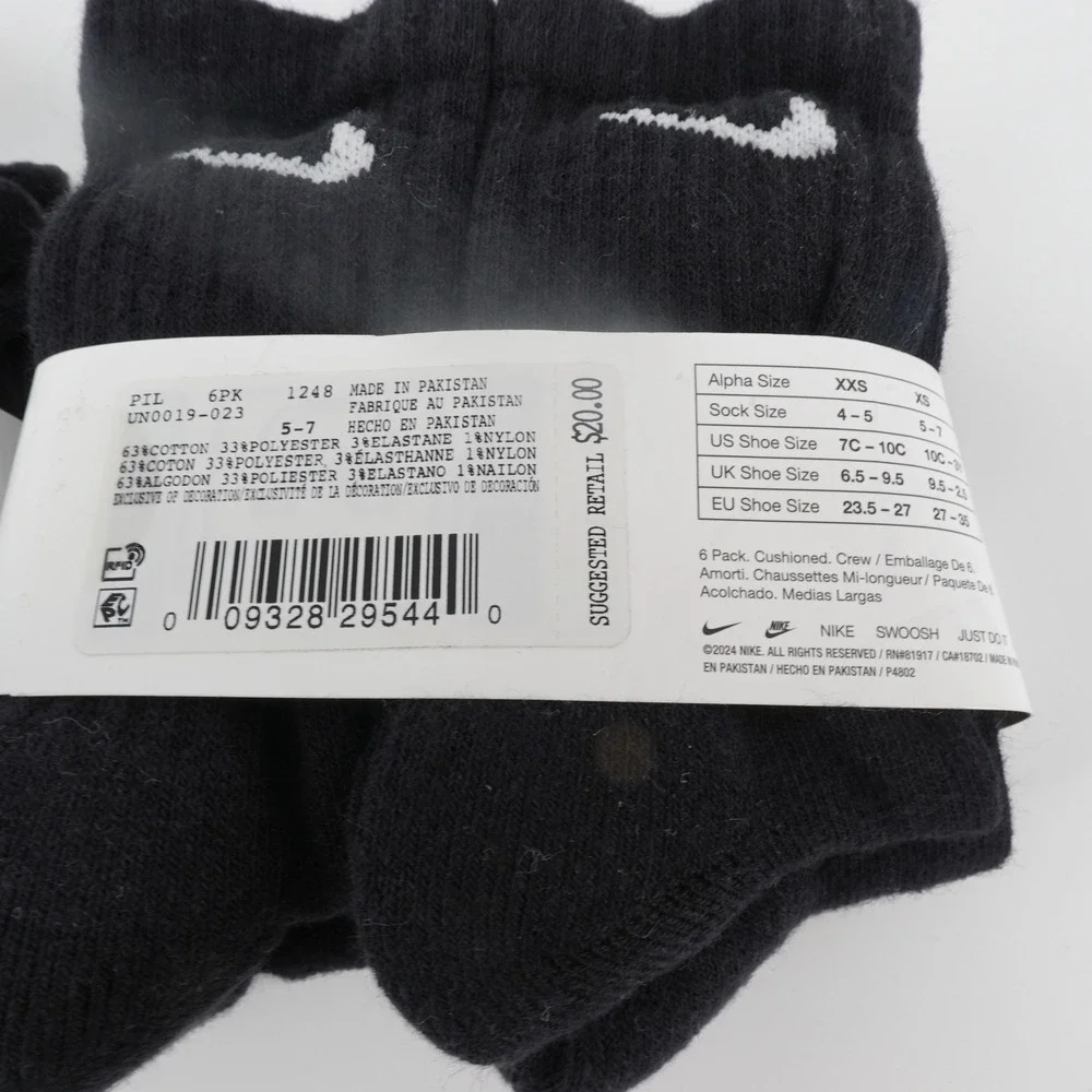 Nike Kids Two 6 Packs Dri-FIT Everyday Cushioned Crew Socks Black XS NEW